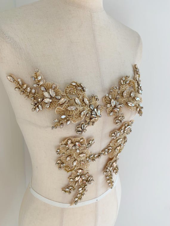 Champagne rhinestone appliqué , hand beaded rhinestone patch for couture, dress, dance costume
