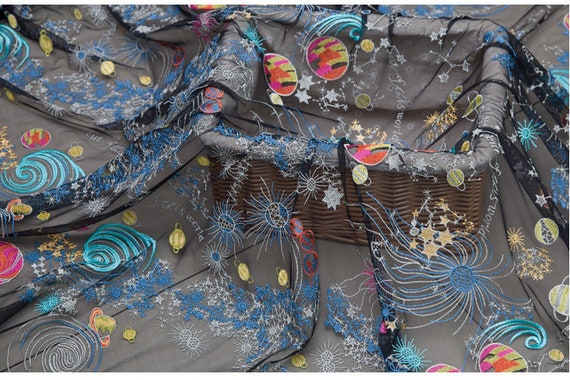heavy embroidered tulle lace fabric, embroidered tulle lace fabric with stars, embroidery mesh lace fabric, GALAXY, multi-color lace