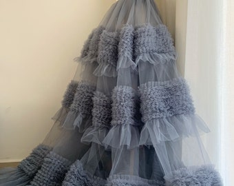 Dust Blue Ruffle Tulle Fabric: Soft Costume & Dress Material