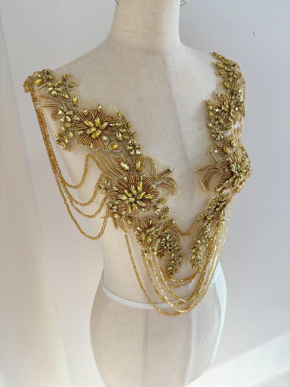 Gold Rhinestone applique with fringe and chains for dress, body jewelry with fringe, rhinestone embellishment patch for dress, dance costume