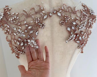 Aplicación de diamantes de imitación color oro rosa, parche de corpiño de cristal, parche de corpiño hecho a mano con cuentas pesadas