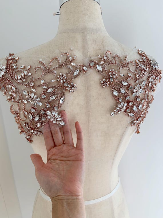 Rose gold Rhinestone applique, crystal bodice patch, heavy bead handmade bodice patch
