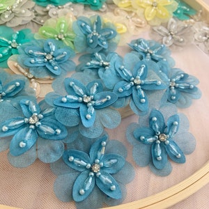 5pcs dust blue silk flowers applique, heavy bead florals with rhinestone, handcrafted flowers patch