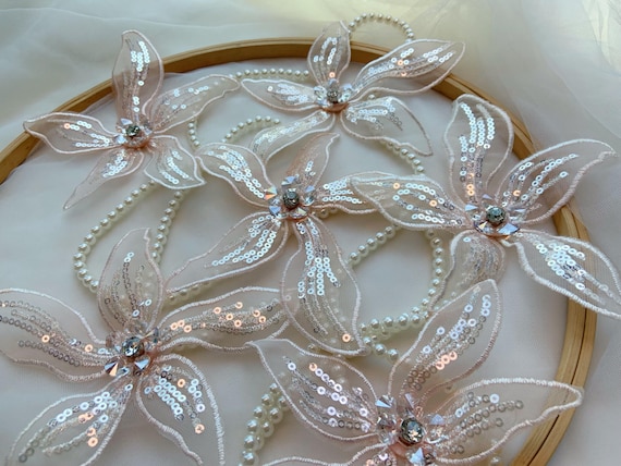2pcs peach bead flowers applique with rhinestones for dress dance costume