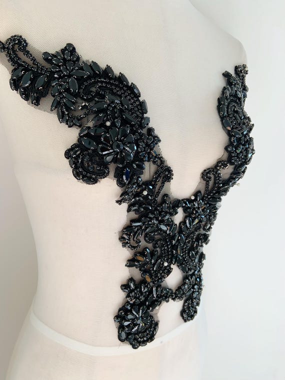 black Rhinestone appliqué by pair, black rhinestone patch with V neck line