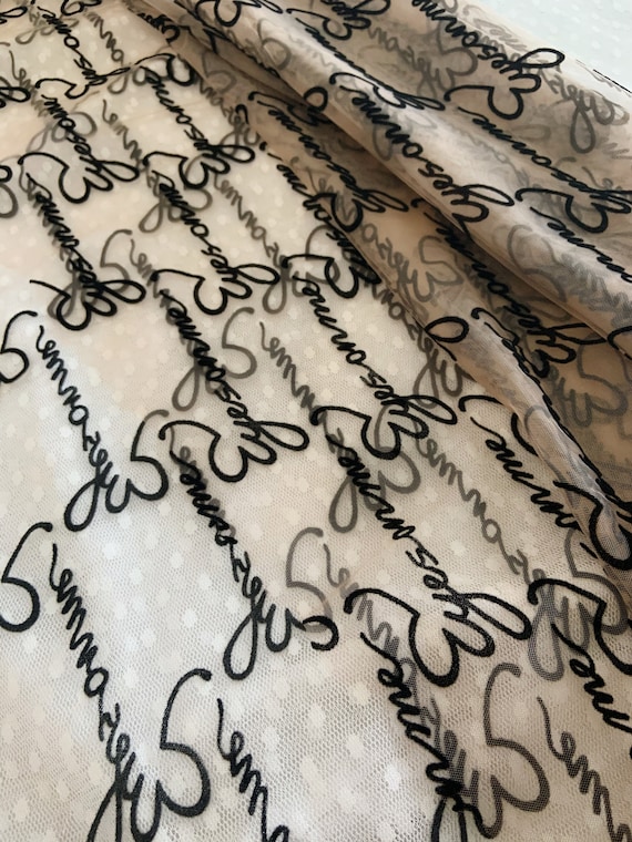 stretchy nude tan tulle fabric with velvet words, swiss tulle mesh lace fabric with velvet words