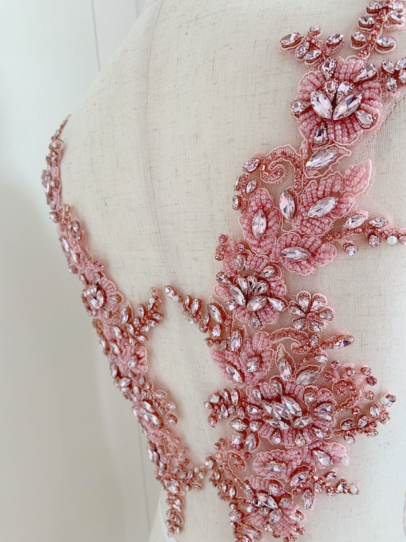 Pink rhinestone applique for couture, crystal bodice patch, handcrafted rhinestone patch for prom dress