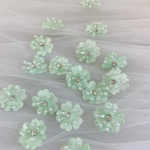 5pcs light green 3d florals motif applique, handcrafted  organza lace appliques with rhinestone