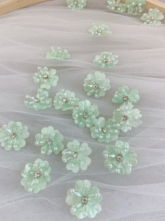 5pcs light green 3d florals motif applique, handcrafted  organza lace appliques with rhinestone
