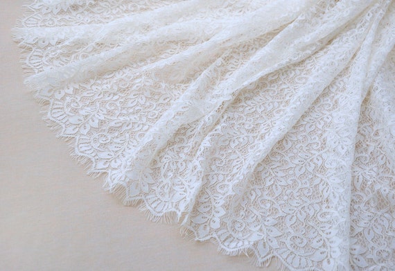 off white Chantilly lace fabric, bridal chantilly lace, retro wedding lace fabric with scalloped edge, eyelash lace fabric