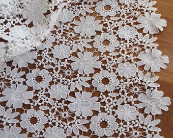 off white lace fabric, crocheted lace fabric with flowers