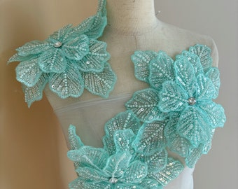 Aqua 3d bead flowers applique for couture dance costume