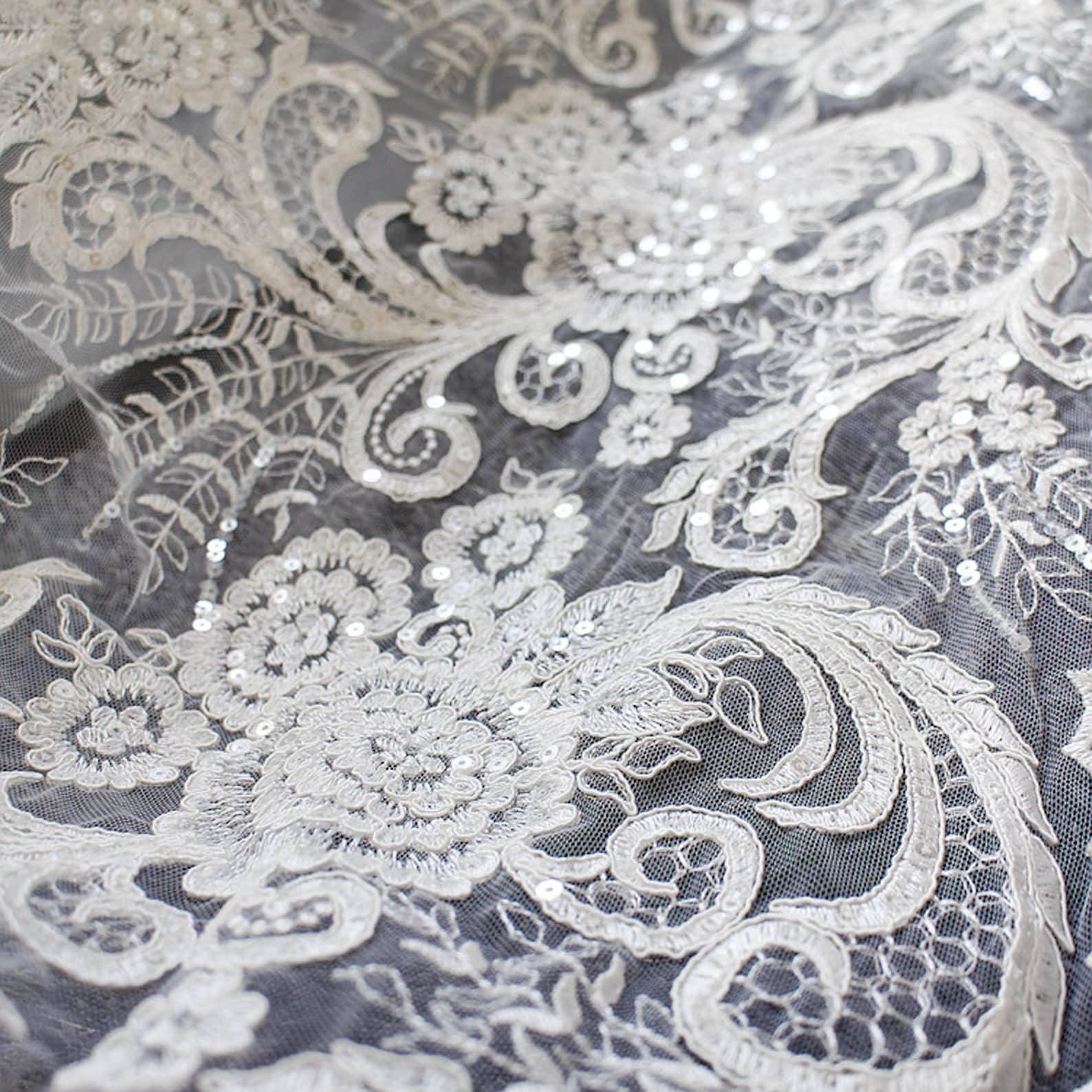 Ivory Alencon Lace Fabric with grace floral corded lace | Etsy