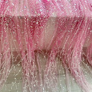 Pink Sparkle bead tulle lace fabric, Dip dye bead fabric with ombre colors and florals vines for prom dress