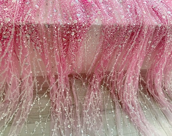 Pink Sparkle bead tulle lace fabric, Dip dye bead fabric with ombre colors and florals vines for prom dress