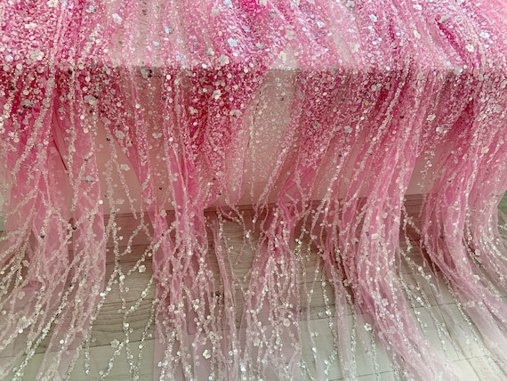 Pink Sparkle bead tulle lace fabric, Dip dye bead fabric with ombre colors and florals vines for prom dress