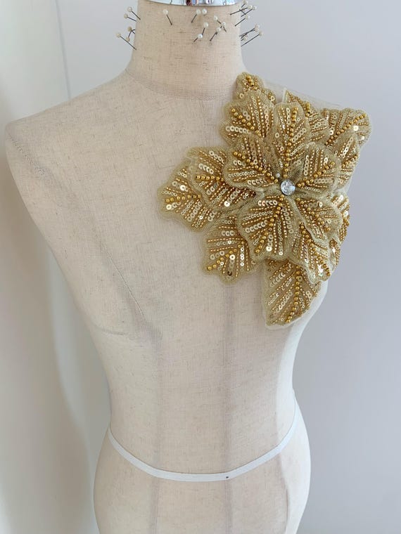 Gold flowers applique for couture dance costume , 3d beading floral patch for apparel