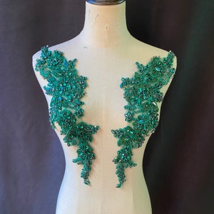 Green rhinestone applique, crystal bodice patch, heavy rhinestone bead applique for couture and dance costume