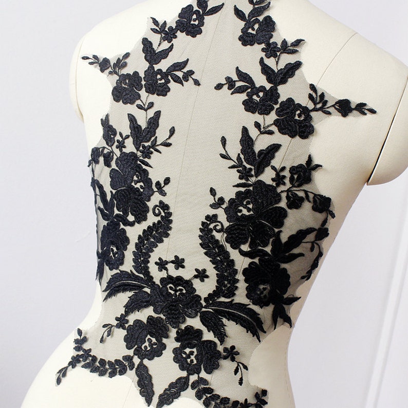 black Lace Applique, embroidered bodice lace applique, lace bodice for bridal dress altering image 2