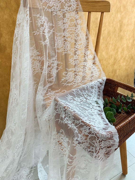 Soft White Chantilly lace fabric for white dress, veil, bridal robe, wedding gown