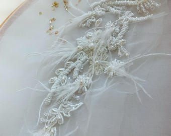 3d ivory bead embroidery patch with ostrich for dress alteration, millinery supplies