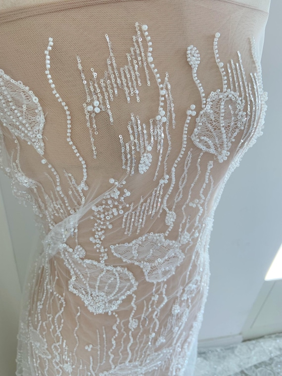 White Bead chantilly lace fabric for wedding dress, sequined chantilly fabric for couture, bridal gown, veil