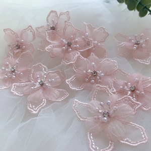 5pcs pink 3d florals applique, handcrafted  organza flowers appliques with rhinestone