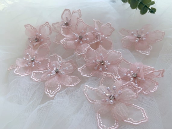 5pcs pink 3d florals applique, handcrafted  organza flowers appliques with rhinestone