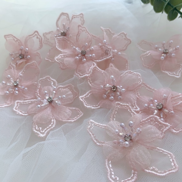 5pcs pink 3d florals applique, handcrafted  organza flowers appliques with rhinestone