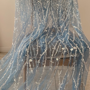 Pale blue Heavy bead tulle lace fabric with florals for bridal dress, beading and sequined mesh fabric for wedding gown