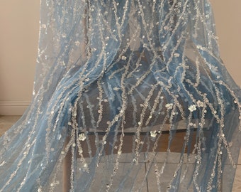 Pale blue Heavy bead tulle lace fabric with florals for bridal dress, beading and sequined mesh fabric for wedding gown