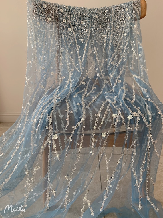 Pale blue Heavy bead tulle lace fabric with florals for bridal dress, beading and sequined mesh fabric for wedding gown