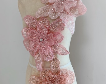 Soft pink bead flower patch for dress alteration, beadwork flower appliqué, millinery supplies