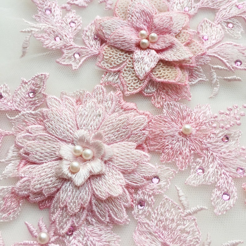 Pink heavy bead lace applique 3D lace applique with pearls Etsy