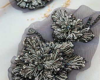 Dark gray Rhinestone applique for dress alterations, 3d rhinestone motif patch for couture supplies
