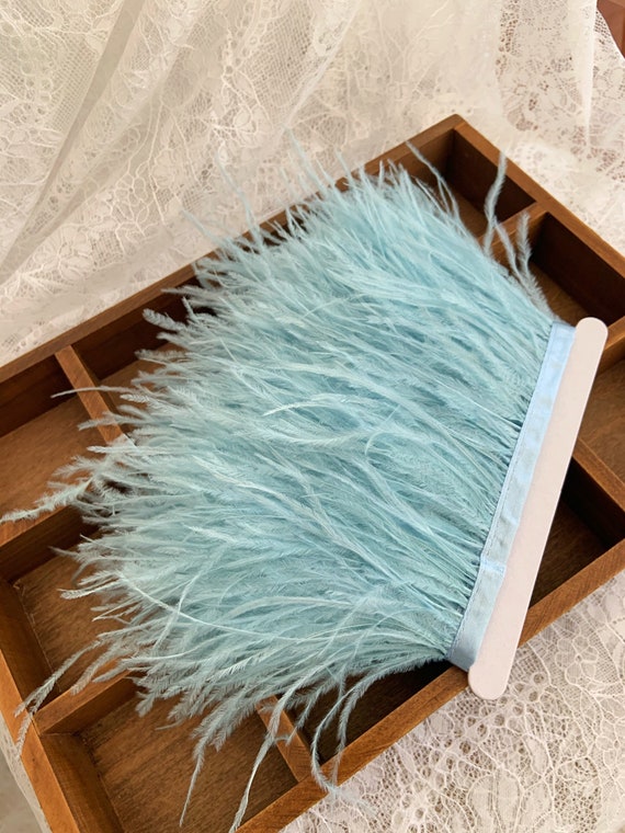 Light blue Ostrich Feather Trimming Fringe Tassels Plume with Satin Ribbon for Dress Millinery Fascinators Crafts 5 yards lot