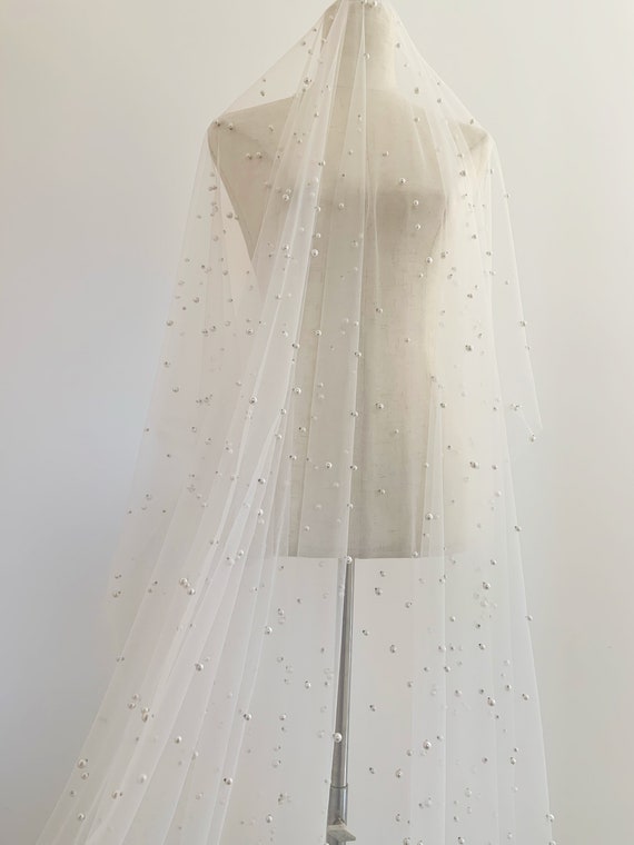 pearl bead tulle fabric, off white tulle lace fabric with pearls for bridal veils