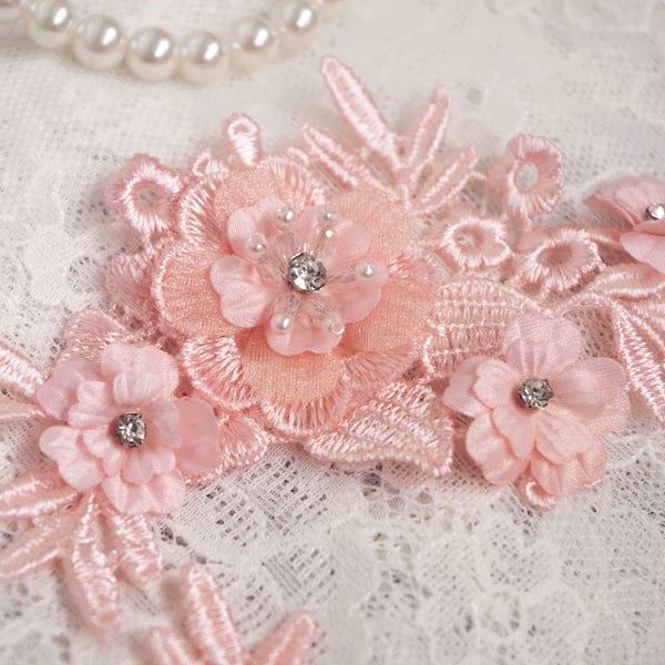 2pcs pêche rose dentelle, dentelle perle lourde 3D applique avec des roses, fleurs 3D en dentelle applique, appliques de dentelle de mariée, parure de mariage