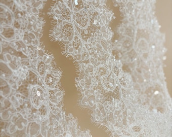 3 meters cord Lace trim with fringe, alencon Lace Trim with eyelash fringe, jacquard lace trim with beads and sequins for wedding dress