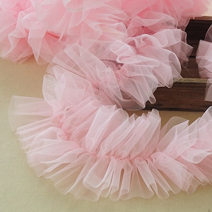 6 inches pink Extra Dense ruffled trim for tutu dress, soft frill trim for cake dress, pleated mesh trim