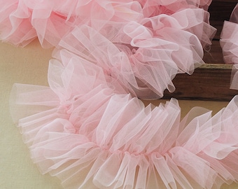 6 inches pink Extra Dense ruffled trim for tutu dress, soft frill trim for cake dress, pleated mesh trim