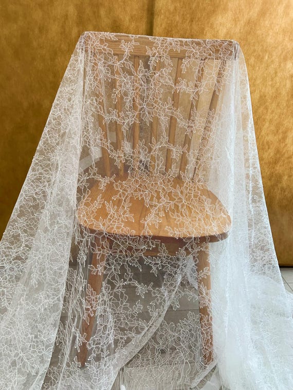 White See through Chantilly lace fabric for wedding dress, veil, bridal robe