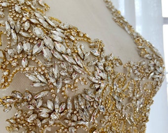 2pcs Gold Rhinestone bodice applique, crystal crafted applique, Large Delicated heavy bead applique