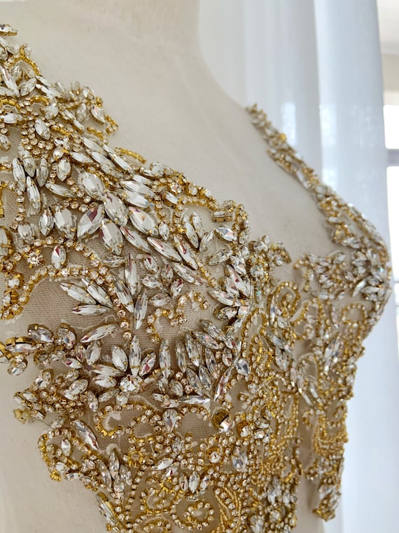 2pcs Gold Rhinestone Bodice Applique, Crystal Crafted Applique, Large  Delicated Heavy Bead Applique 