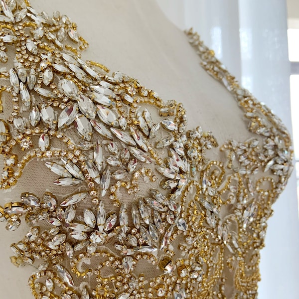 2pcs Gold Rhinestone bodice applique, crystal crafted applique, Large Delicated heavy bead applique