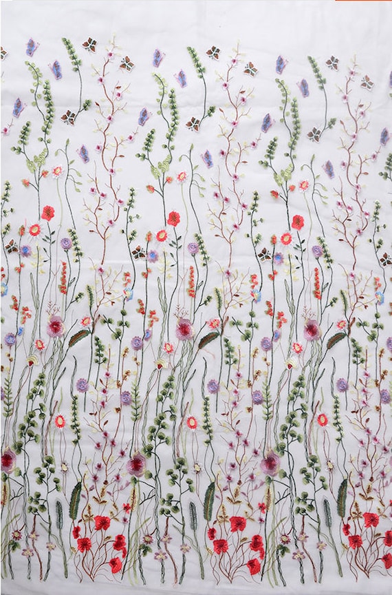 heavy embroidered lace fabric, lace fabric with multi-color flowers, deluxe embroidery mesh lace fabric