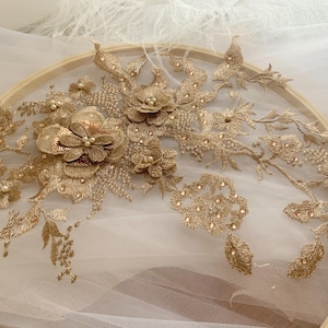 rose gold lace applique, French applique patch, 3D flowers lace applique with rhinestones, bridal applique, 3d floral