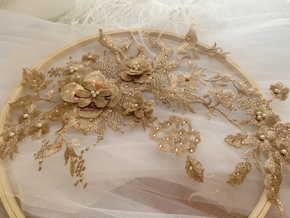 rose gold lace applique, French applique patch, 3D flowers lace applique with rhinestones, bridal applique, 3d floral