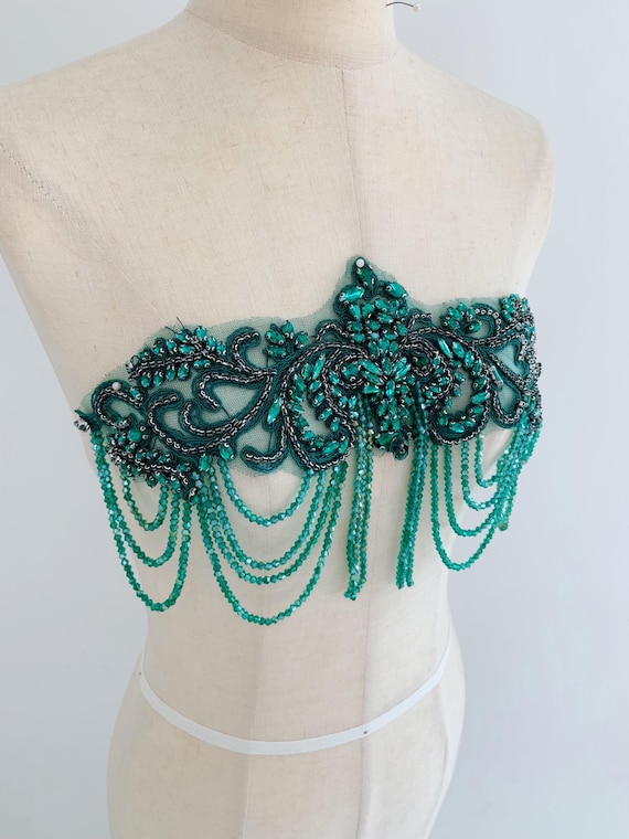 Green Rhinestone patch with fringe for dance costume, body jewelry with fringe, embellishment applique for couture