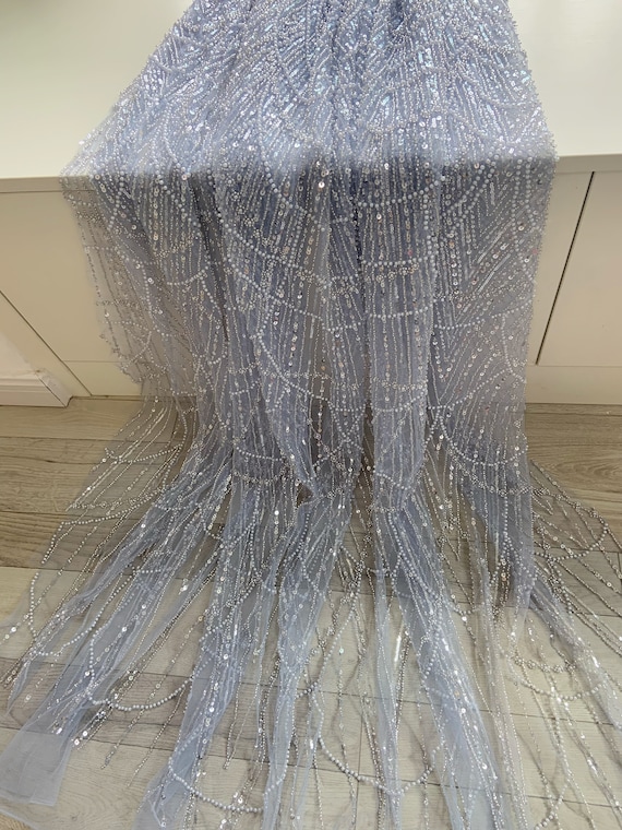 Pale blue mermaid lace fabric for wedding dress, bead and sequined tulle fabric for bridal dress